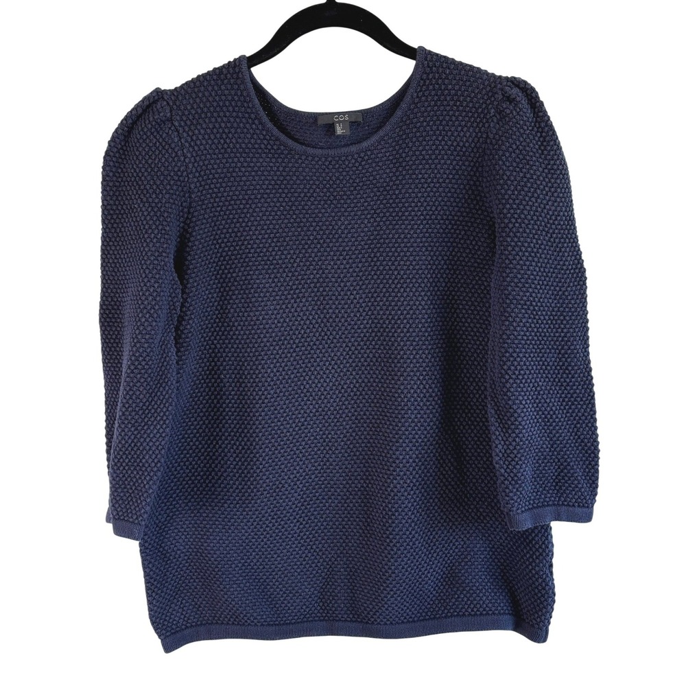 COS Sweater Navy Blue Womens Size Medium Textured Cotton Puff Shoulder Knit